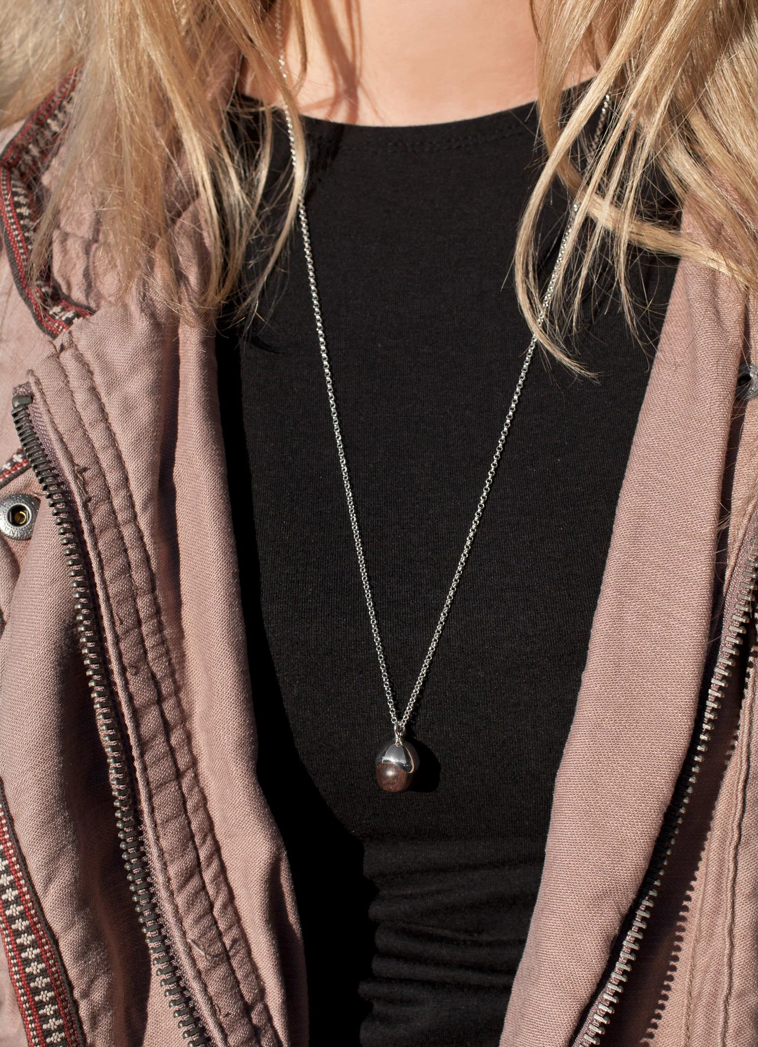 Acorn pendant ebony wood and sterling silver small size on long 70cm chain