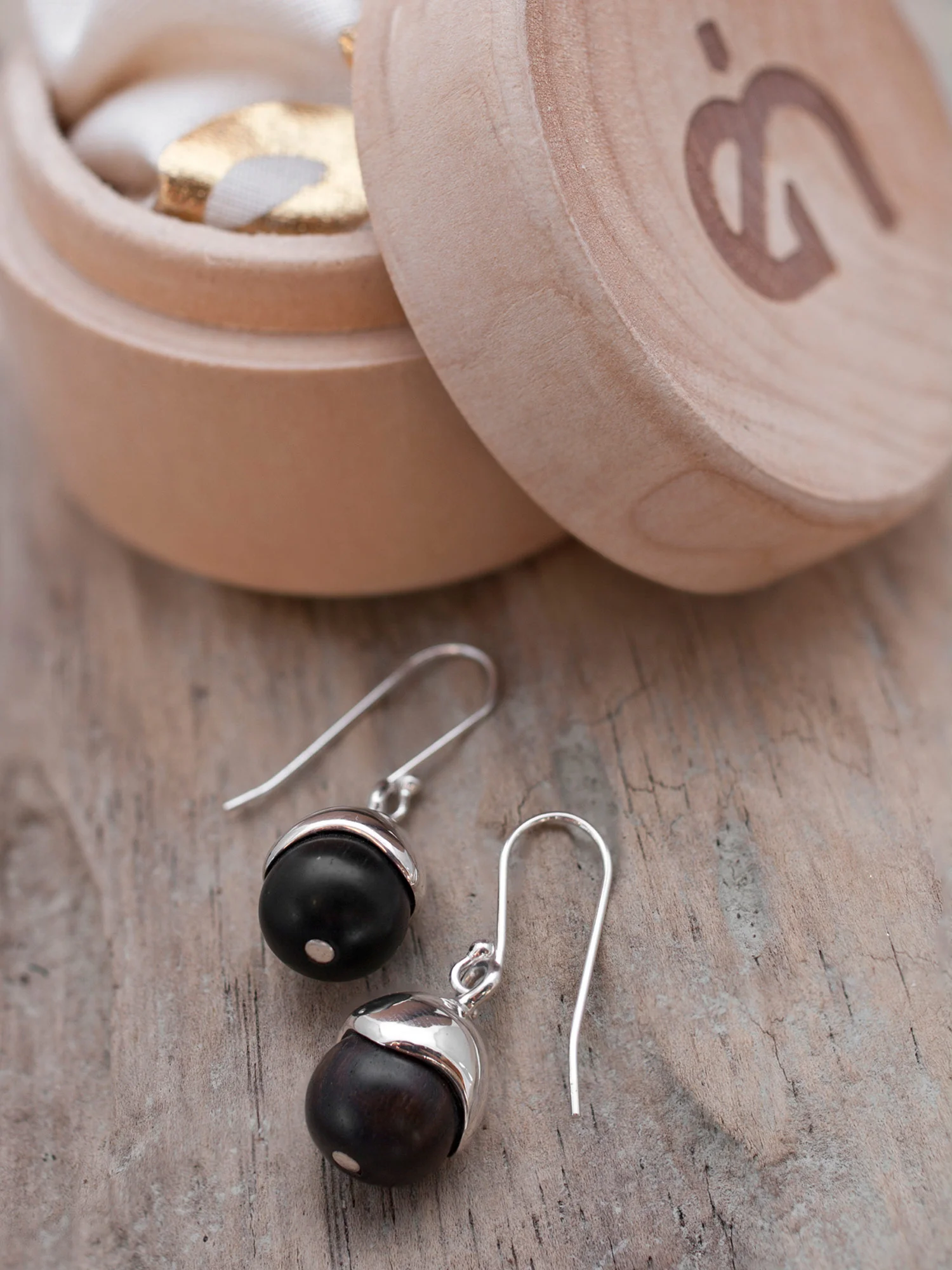 Acorn Earrings in ebony wood and sterling silver with wood box packaging