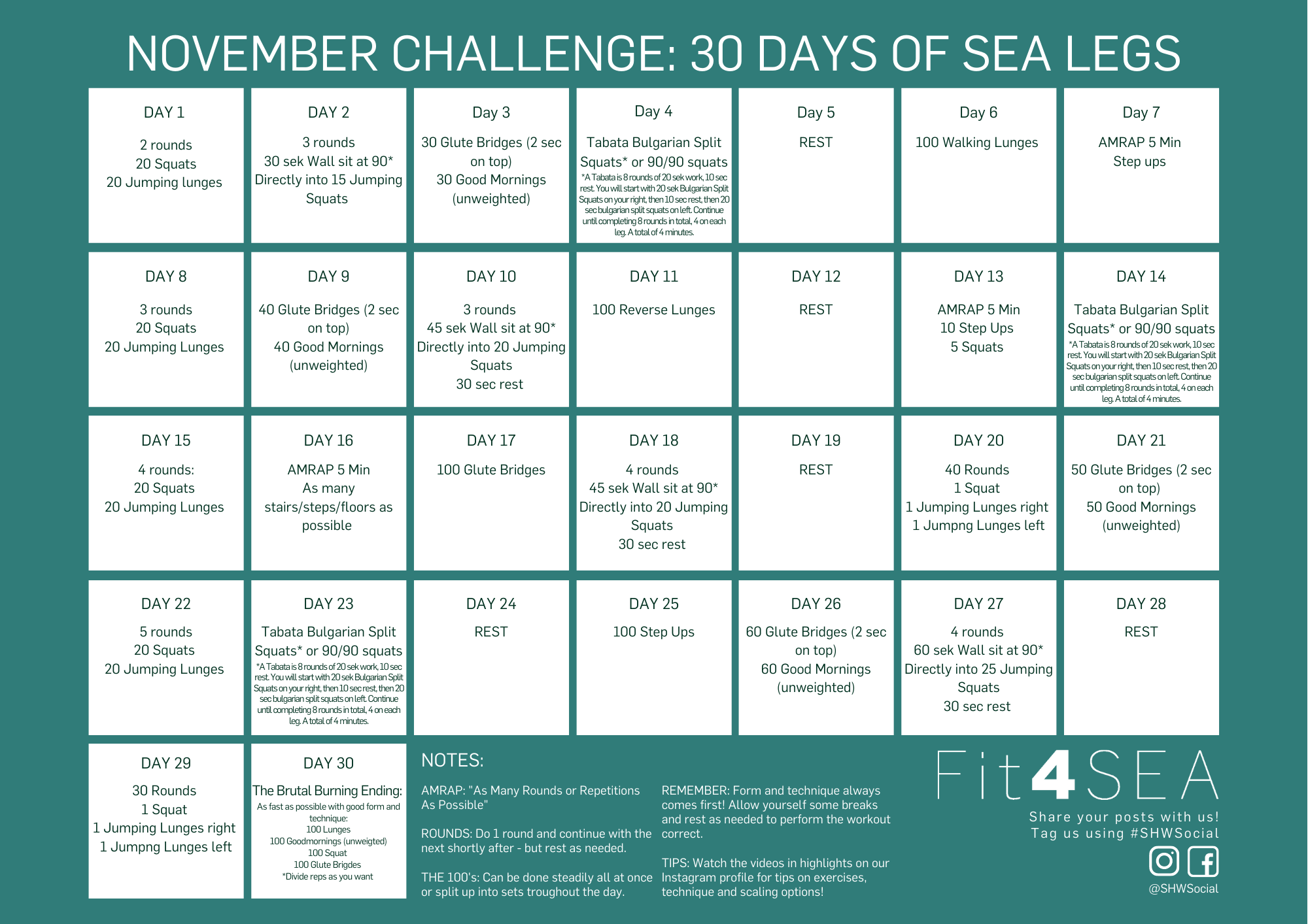 30 Day Leg Challenge Calendar