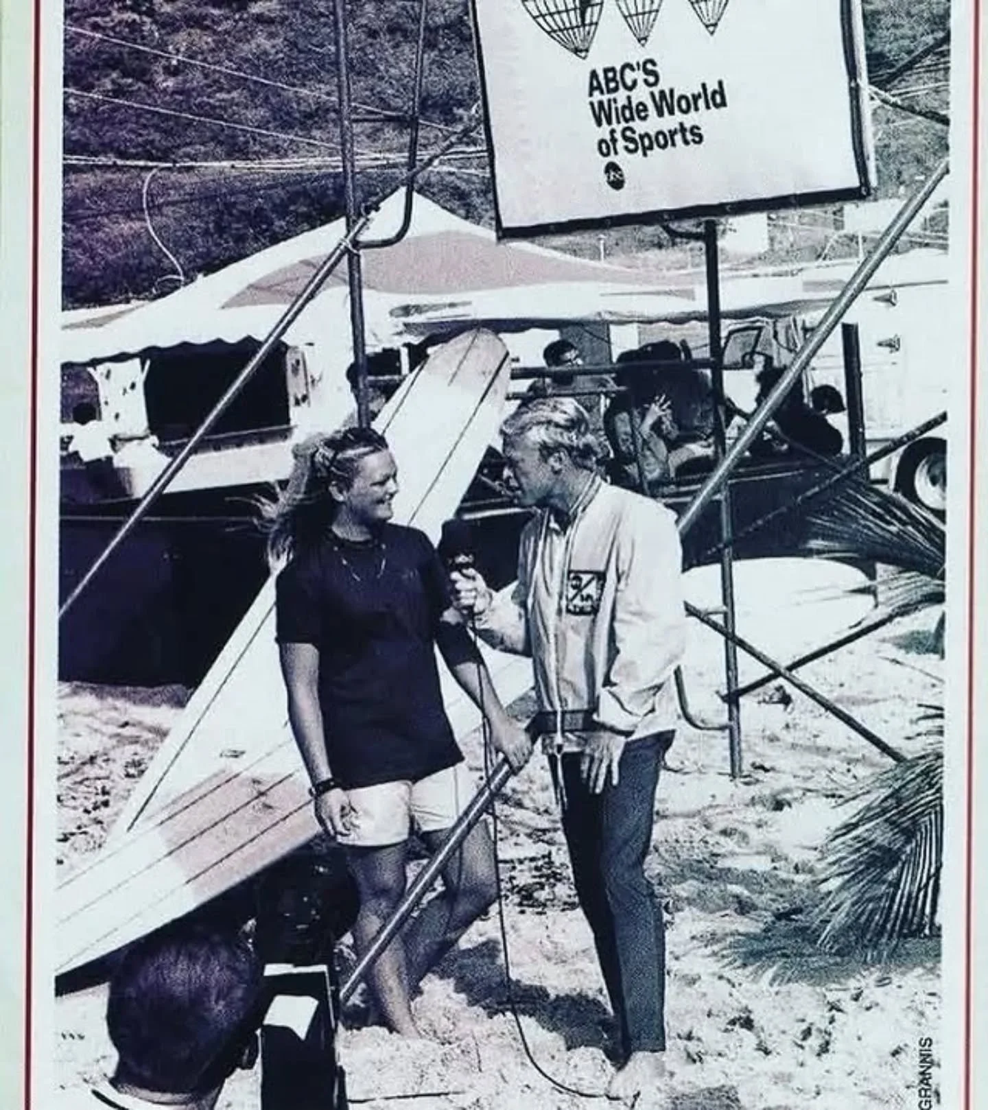 Bruce Brown got to be a bonified Big-Wig on TV after his success and fame from Endless Summer. Here he is interviewing the great champion surfer Joyce Hoffman for ABC Wide World of Sports. What you need to remember is there were only 3 networks back 