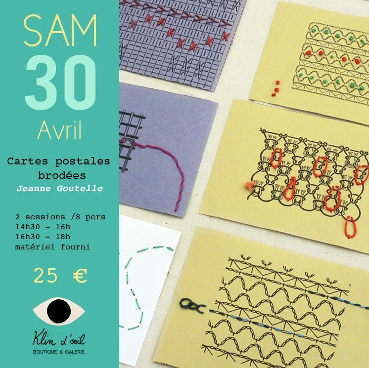 Cartes postales brodées Jeanne Goutelle x Klein d'oeil
