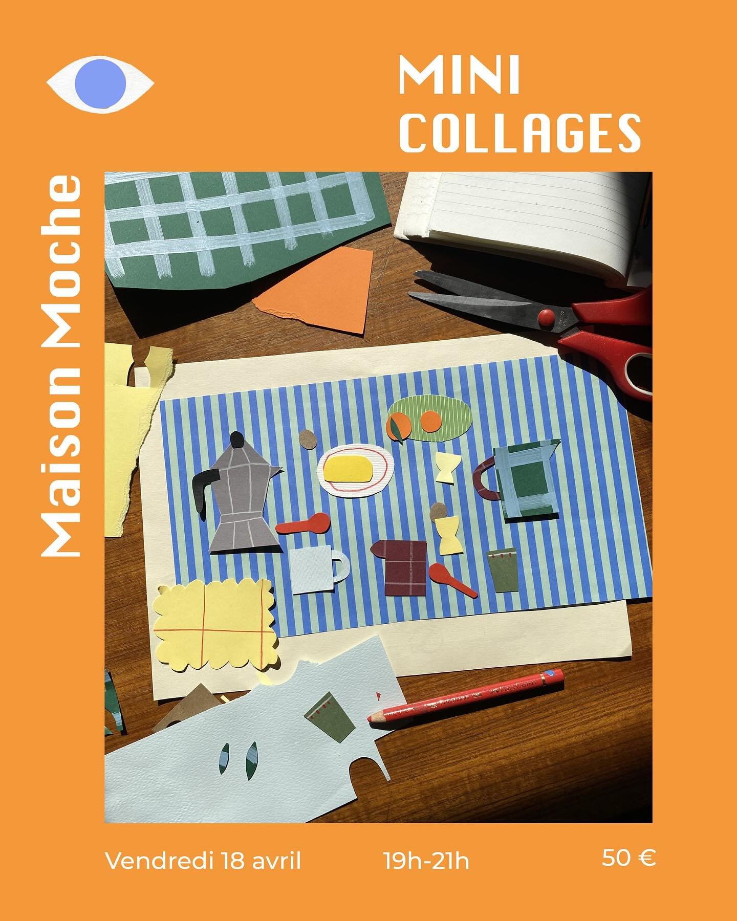 Bonne nouvelle ! Am&eacute;lie de @maison.moche animera un atelier mini collages pour adultes chez Klin d&rsquo;&oelig;il le vendredi 18 avril de 19h &agrave; 21h ✂️🧡

&Agrave; vos aiguilles, crayons, pinceaux et paires de ciseaux :
Retrouvez tout l