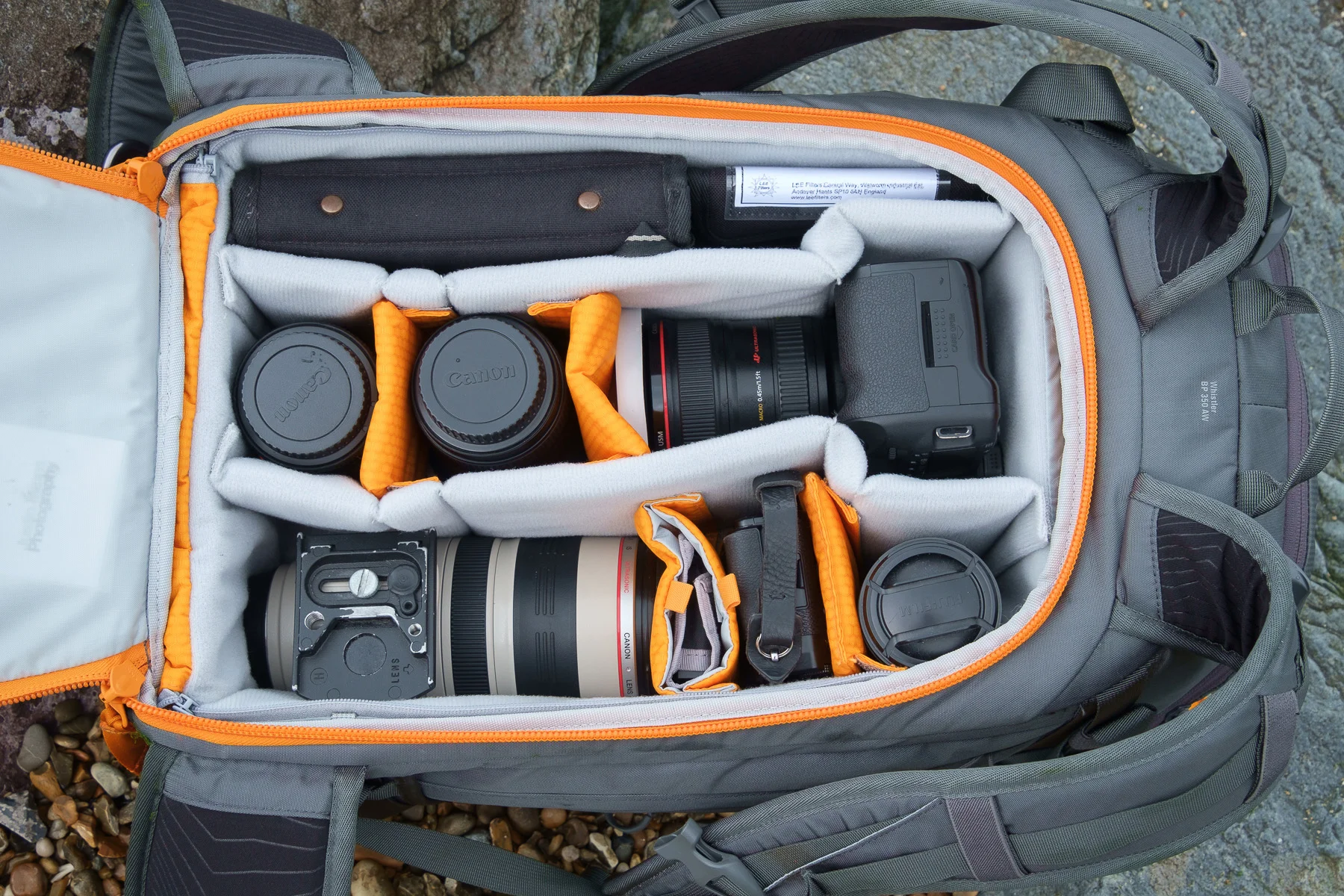 Canon EOS 5D Mark II with Canon 24-105mm f/4 L attached, Canon 16-35mm f/4 L, Canon 100mm f/2.8 L macro, Fujifilm X-Pro1, Fujifilm 14mm f/2.8, Fujifilm 35mm f/1.4, Lee filters