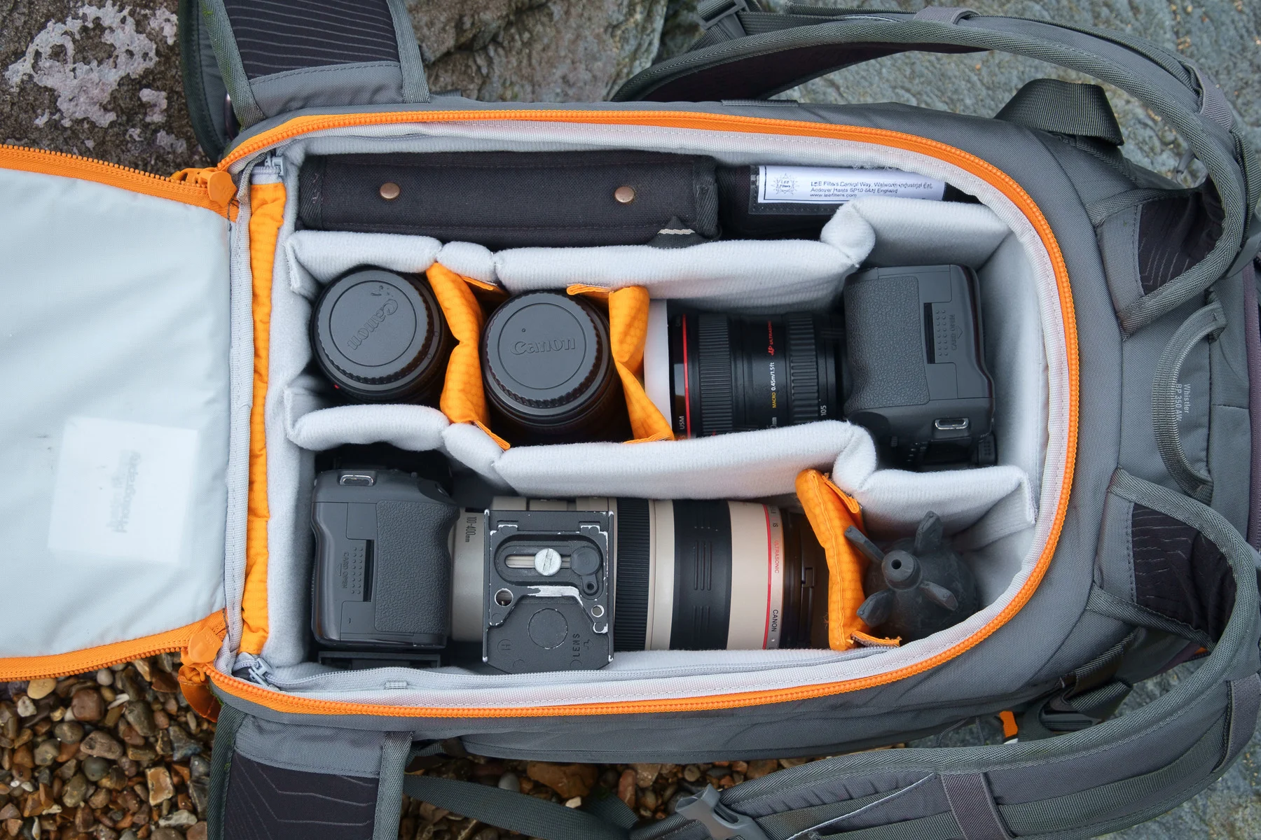 Canon EOS 5D Mark II with Canon 24-105mm f/4 L attached, Canon 16-35mm f/4 L, canon 100mm f/2.8 L macro, Canon EOS 7D with Canon 100-400mm L attached, Lee filters