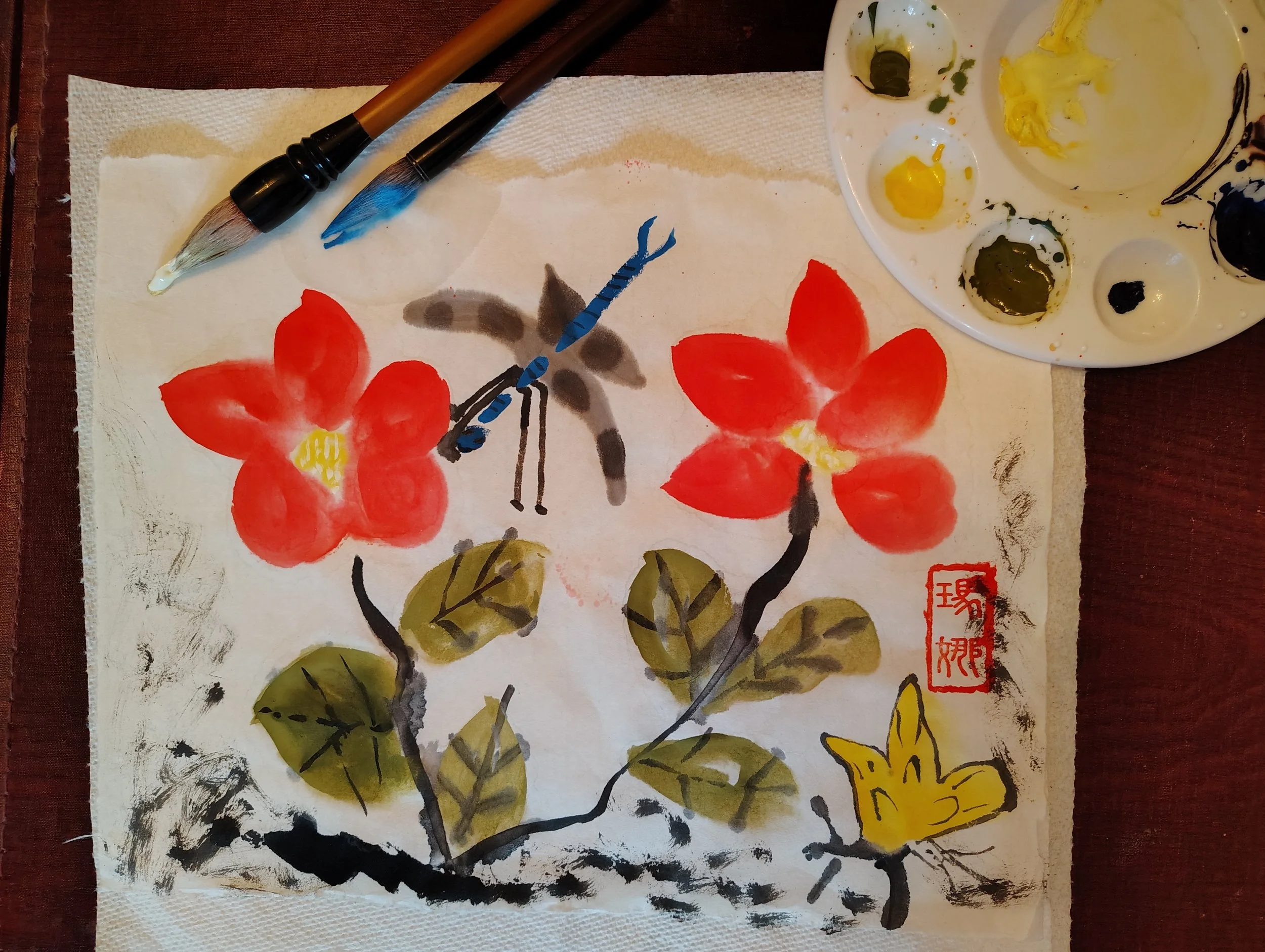 Asian Brush Painting: Camellia Flowers, Butterflies &amp; Dragonflies