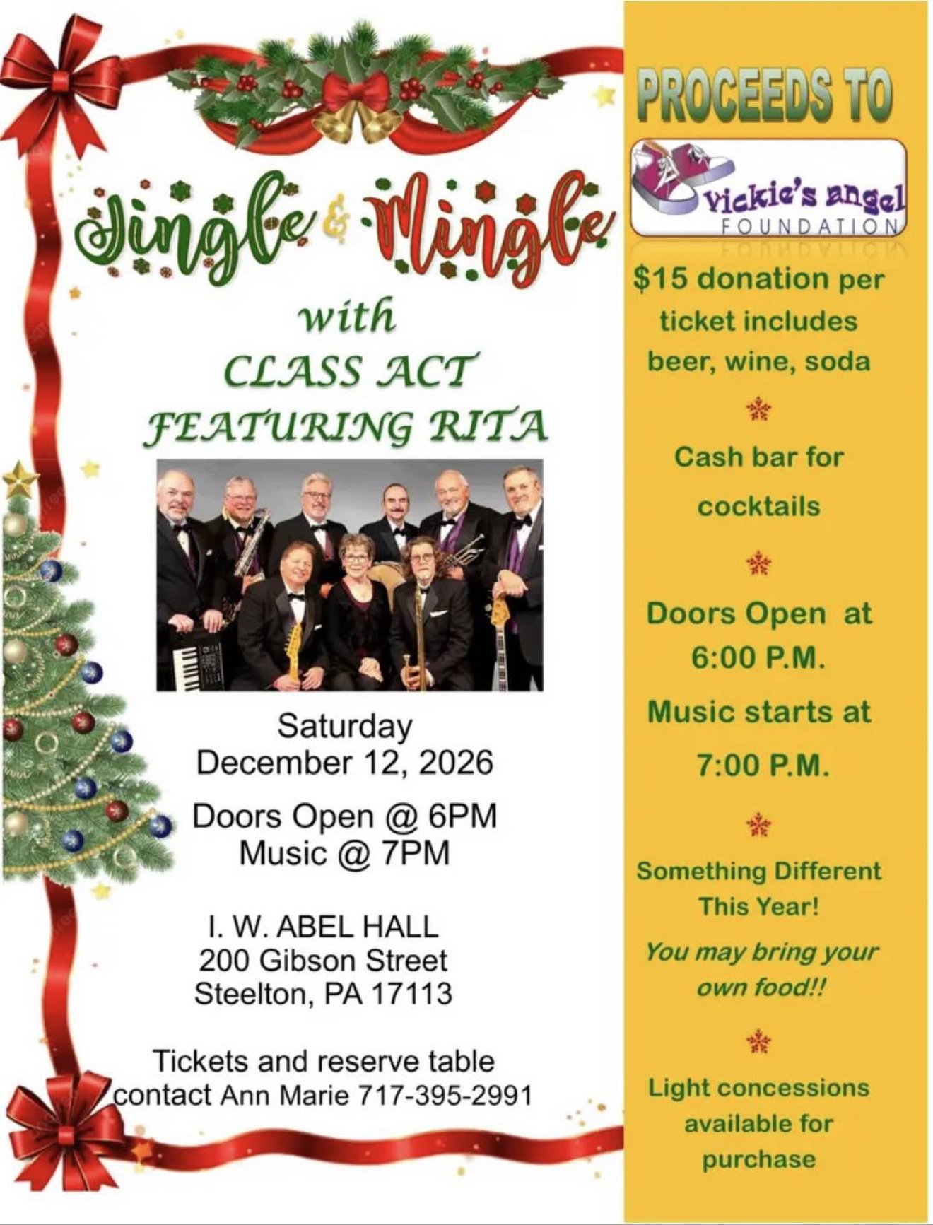 Jingle & Mingle with Class Act featuring Rita holiday event flyer benefiting Vickie's Angel Foundation