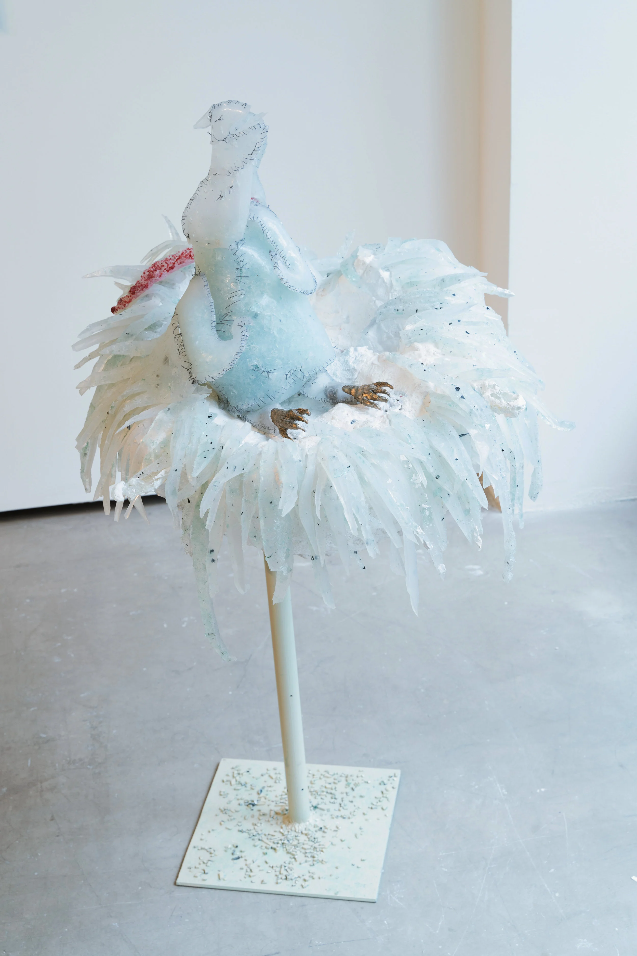 Bussiadler on flagpole dream suite 2019 Silicone, glass, steel, spray paint, plaster, paper, bronze 15 x 13 x 55 inches 38 x 33 x 139 cm