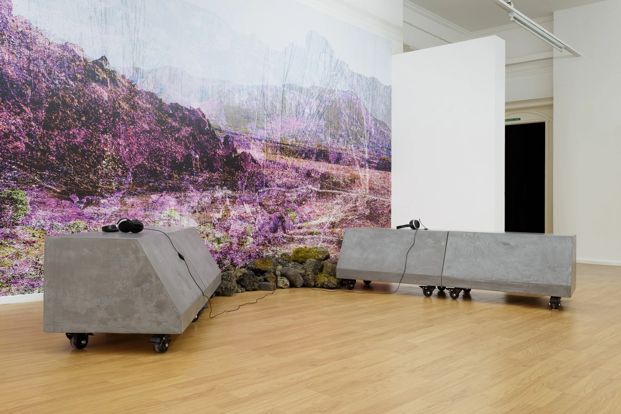 Concrete Island (2017) Wall sized digital photograph, concrete sculpture, looped sound work, headphones, rubble. Dimensions Variable. Exhibited at: Airspace Gallery 5th May to 3rd June 2017.