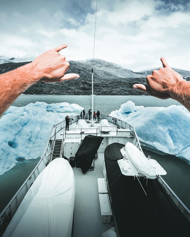 I had never been to Patagonia, and it was way bigger, way more rugged, and way more dramatic then I would have pictured! We were all excited about this big iceberg so we stuck the nose of @mymarcato right into it for some fun pics! 📸 @sheltondupreez