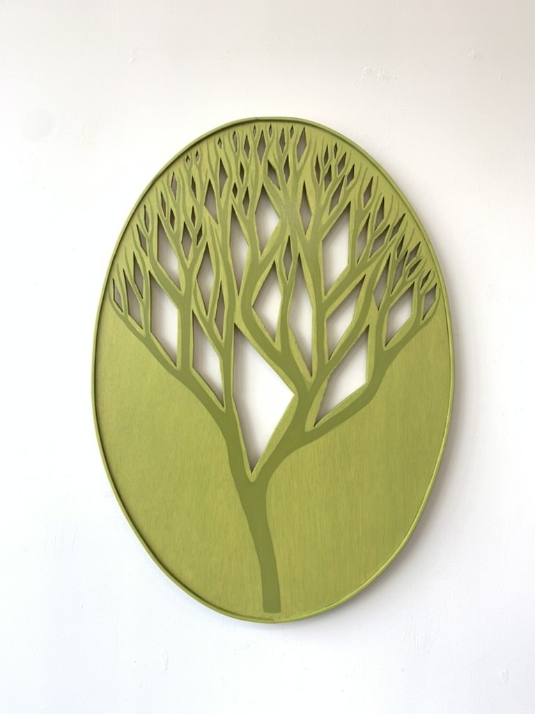 Tree With Diamonds (Ellipse), 2023, 33.5”x24”, artist made frame, oil on wood   