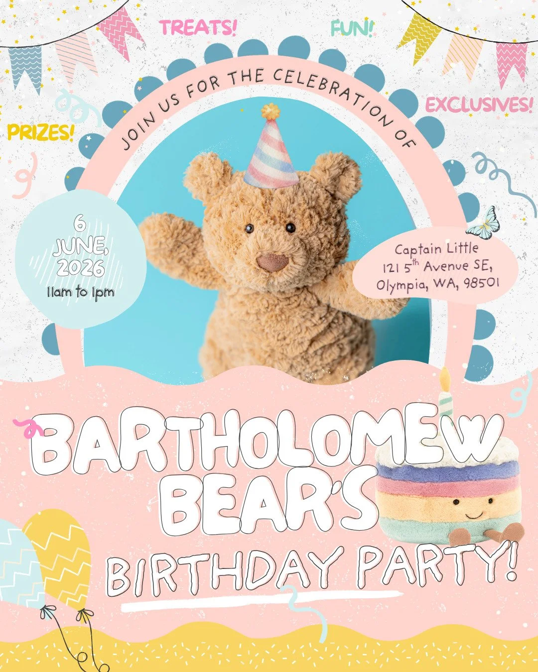 this coming saturday june 6th, we are hosting bartholomew bear's birthday party here at captain little! if you love @jellycat, our snuggable friend bartholomew, and cake, come on down from 11-1 to celebrate with us! we can't wait! 🎂🧸🎉 

#jellycat 