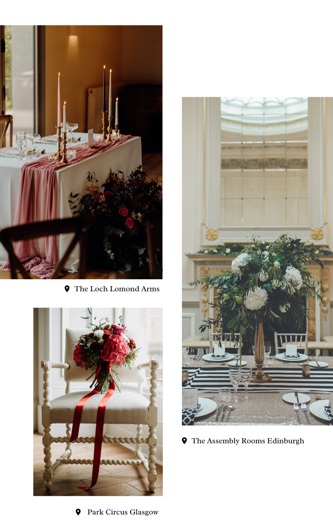 Atelier Rosa wedding and event floristry studio based in Glasgow, creating luxury wedding flowers at Loch Lomond Arms, elegant event installations, at Assembly rooms Edinburgh, and wedding styling at Park Circus Glasgow.