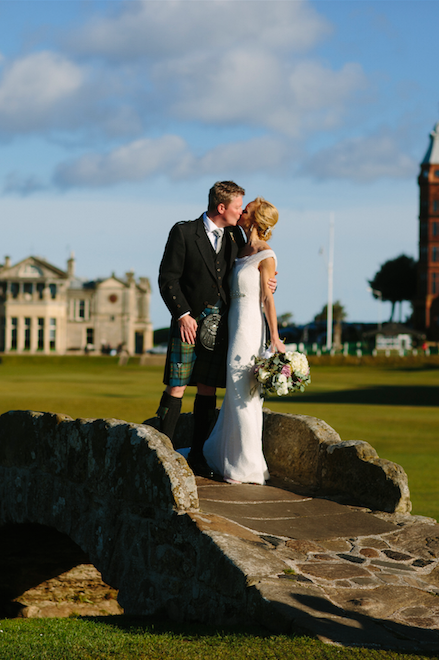 Luxury wedding flowers and event styling at St Andrews Old Course in Scotland by Atelier Rosa Glasgow, creating elegant floral design and installations for destination weddings. Photography by Duke Photography.