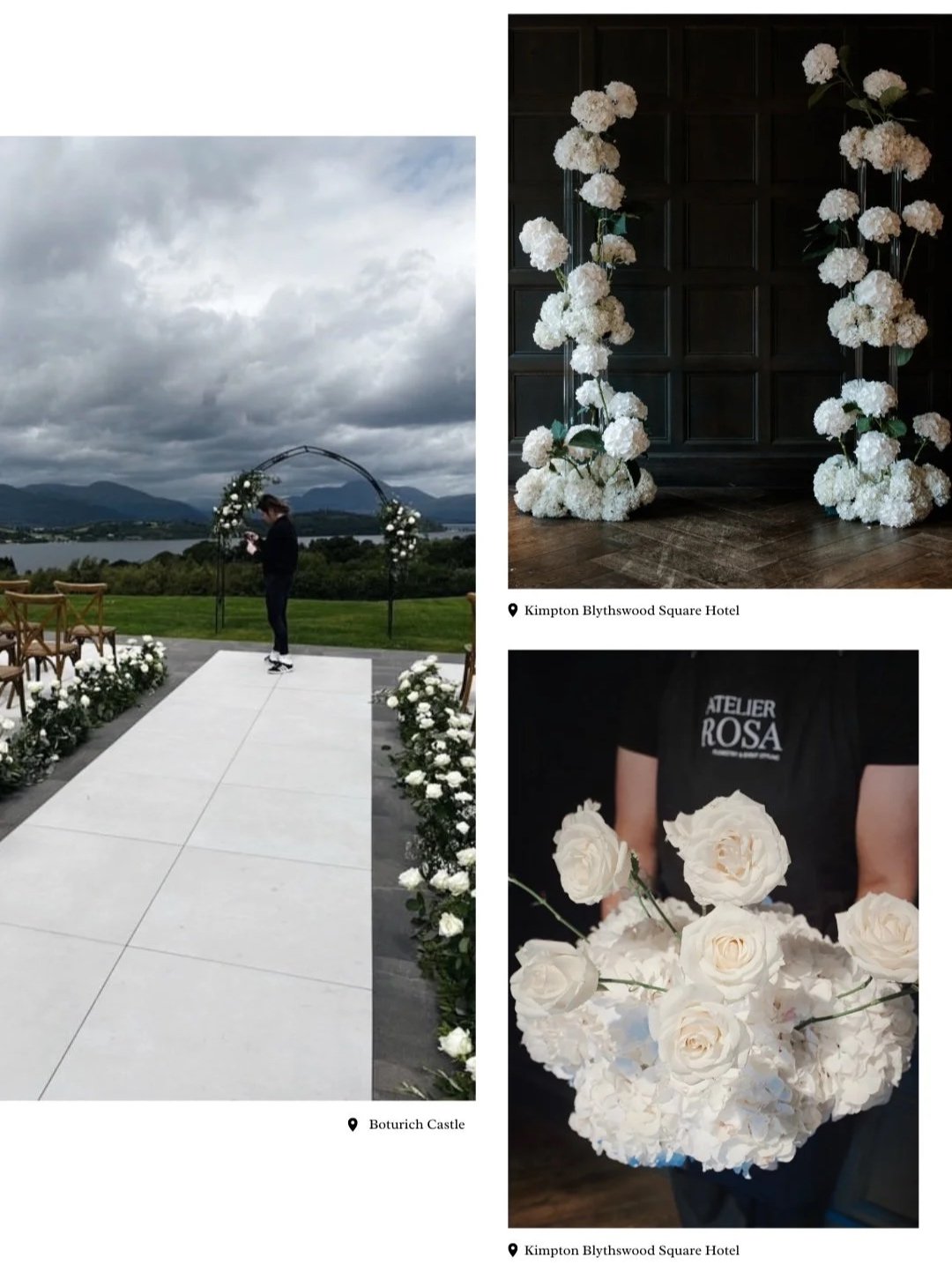 Luxury wedding floristry and floral installations in Scotland by Atelier Rosa, featuring ceremony aisle flowers at Boturich Castle and sculptural hydrangea floral design at Kimpton Blythswood Square Hotel in Glasgow.