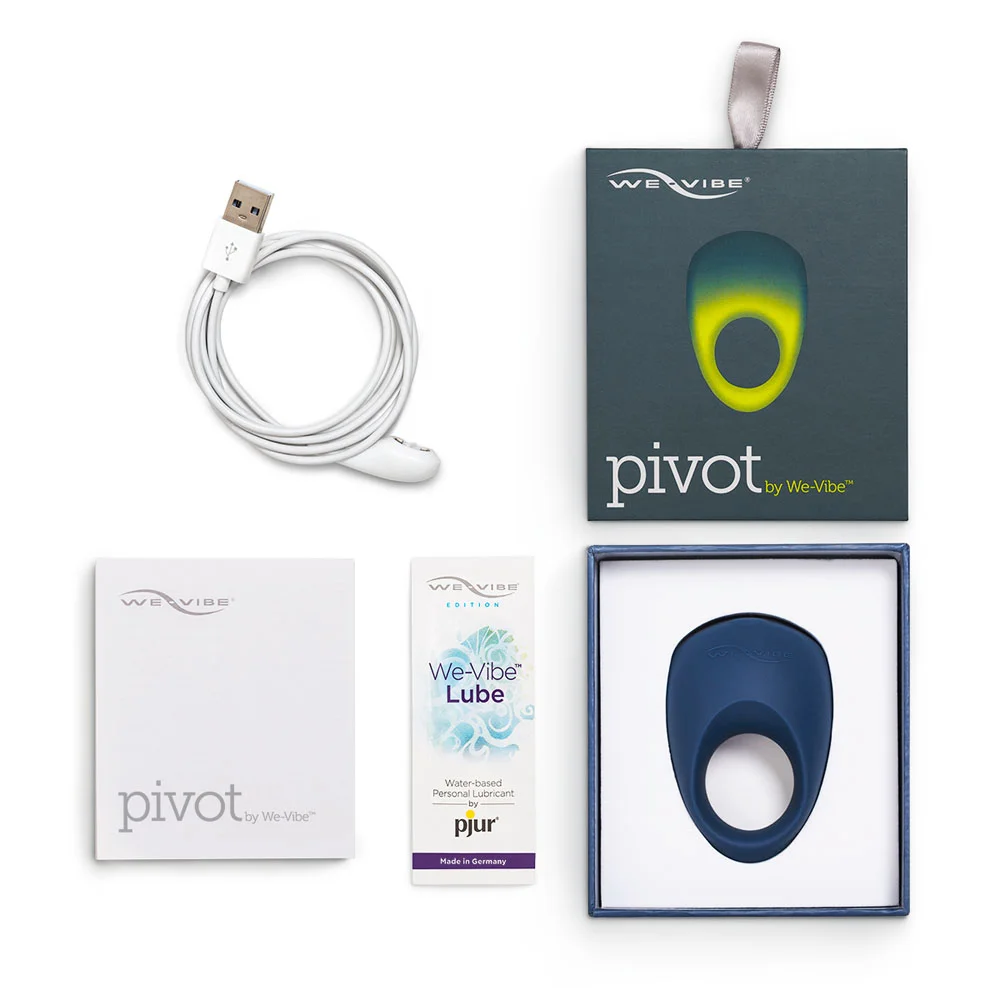 The We-Vibe Pivot, one of the vibrating cock rings available at VaVaVooom. Shown with box contents.
