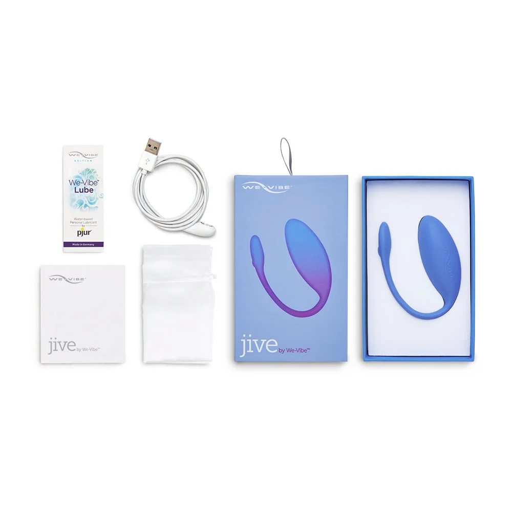 The We-Vibe Jive, a discreet, wearable vibrator from VaVaVooom's curated selection of body-safe sex toys for women. Shown with all box contents.