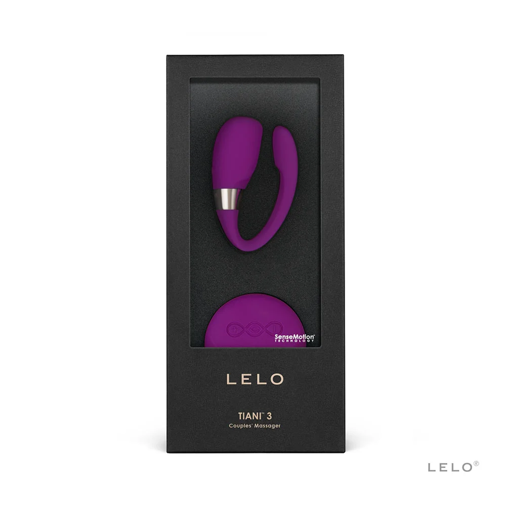 Lelo Tiani 3, one of the couples sex toys available from VaVaVooom's curated selection of body safe vibrators. Shown in purple in the box with the cover on.