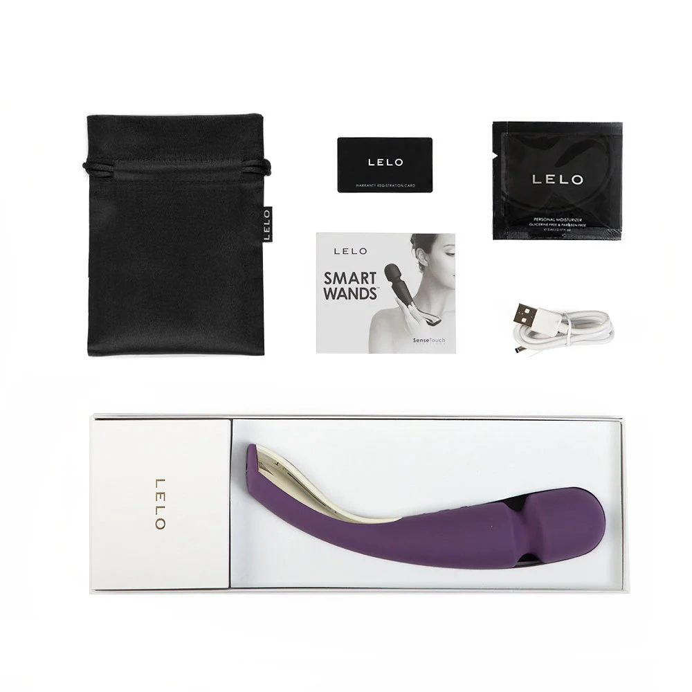 Lelo Smart Wand Medium, a personal massager from VaVaVoom's curated selection of adult sex toys. Shown in purple with the box contents.