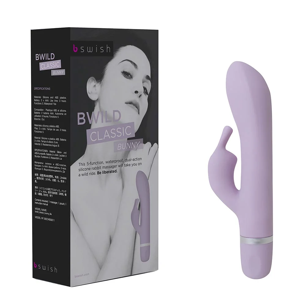 The BSwish Bwild Classic Bunny, a rabbit-style vibrator from VaVaVooom's curated selection of sex toys for women. Shown from the side next to its box.
