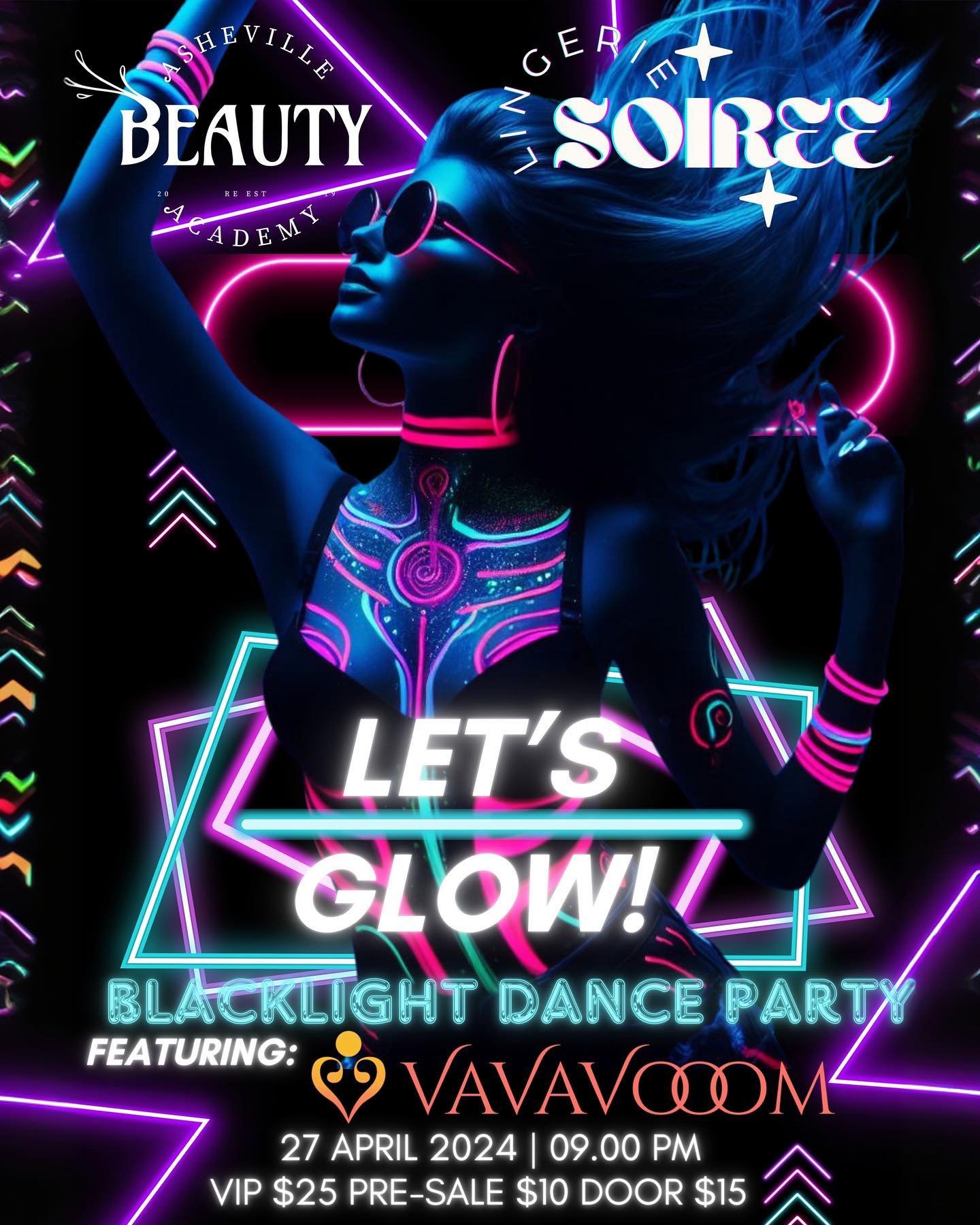 TONIGHT!! 
Step into the spotlight at our GLOW themed lingerie soir&eacute;e! ✨🌟 Dance the night away under UV lights that make your outfit shine, and experience the VIP treatment in our exclusive section. Still need the perfect ensemble? There&rsqu