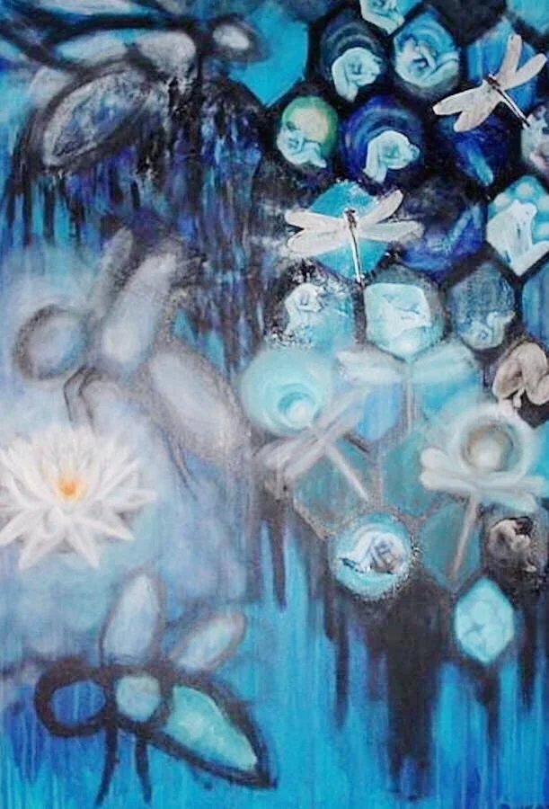"Bee Hive Blues" mixed media on canvas 24x36 in. SOLD