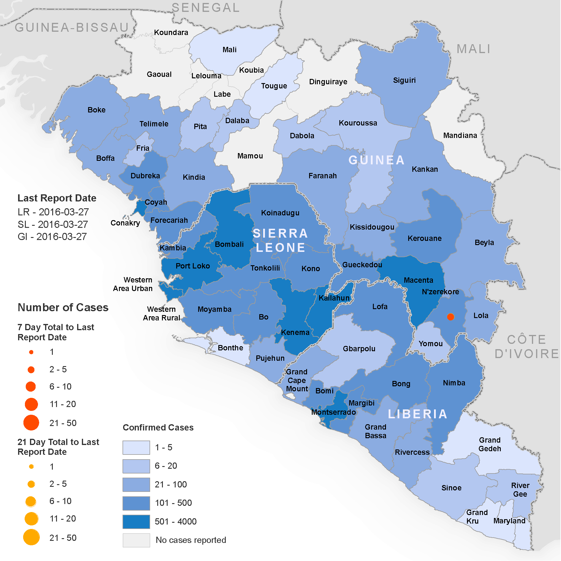 Geographical distribution of new and total confirmed cases of Ebola in West Africa, 2016 Source: World Health Organization (WHO)