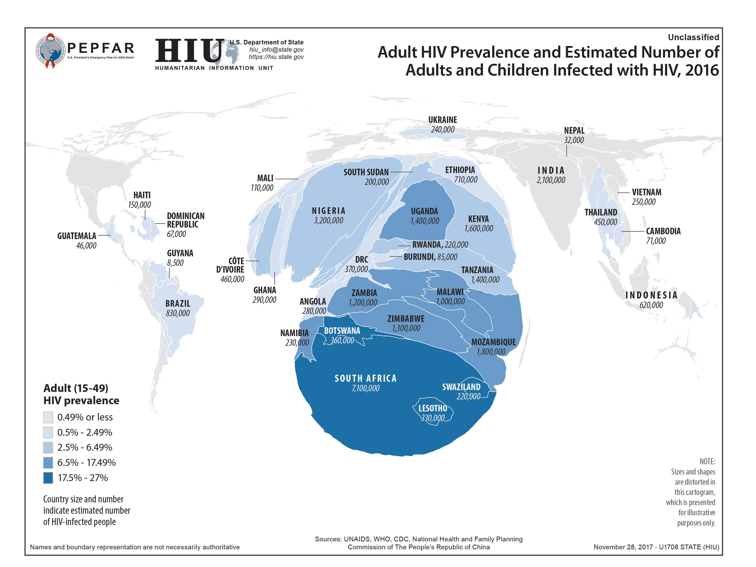 Adult HIV Prevalance and Estimated Number of Adults and Children Infected with HIV, 2016 Source: US Department of State - Humanitarian Information Unit (HIU)