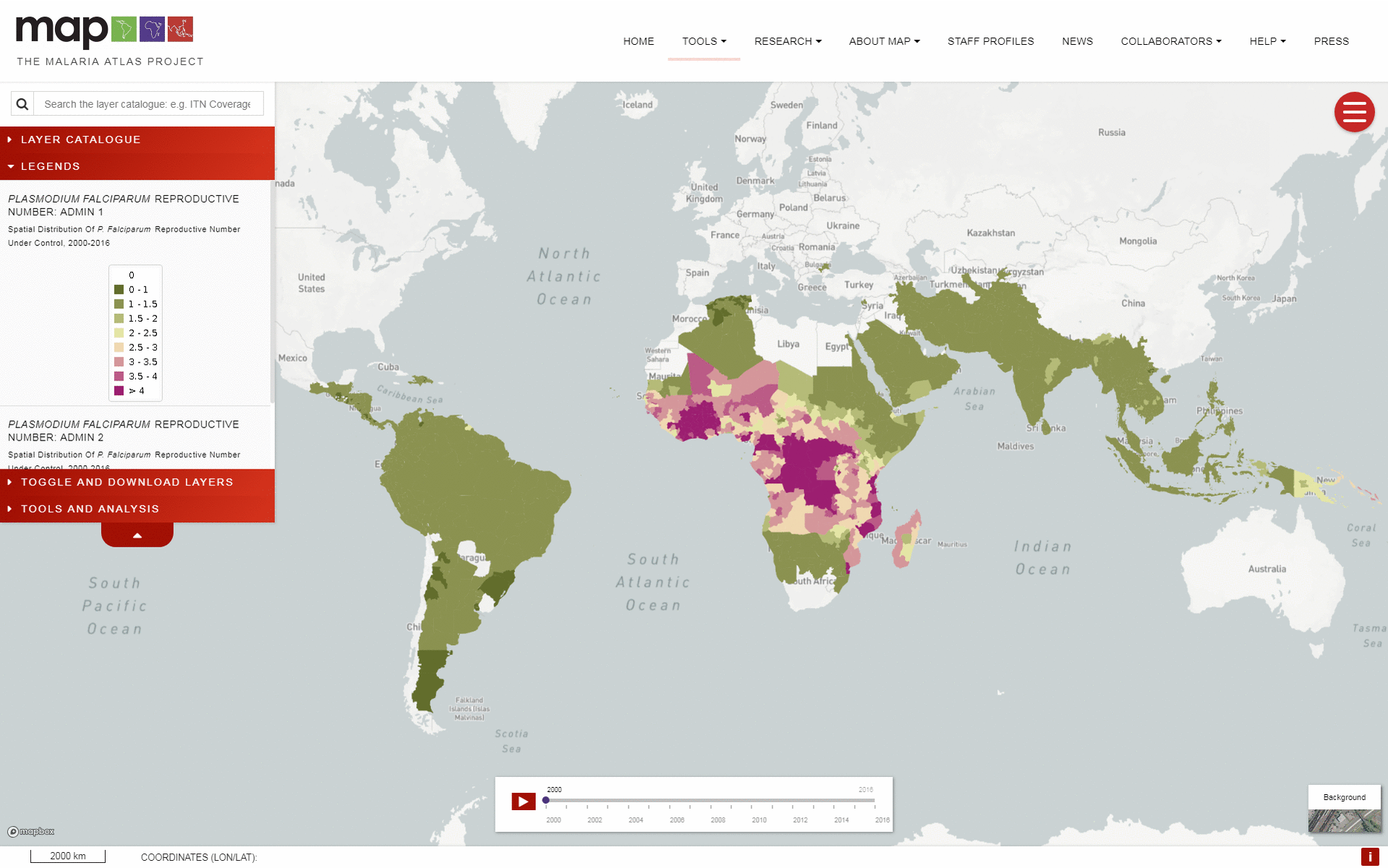 3 JULY 2018: SPATIAL DISTRIBUTION OF P. FALCIPARUM REPRODUCTIVE NUMBER UNDER CONTROL, 2000-2016