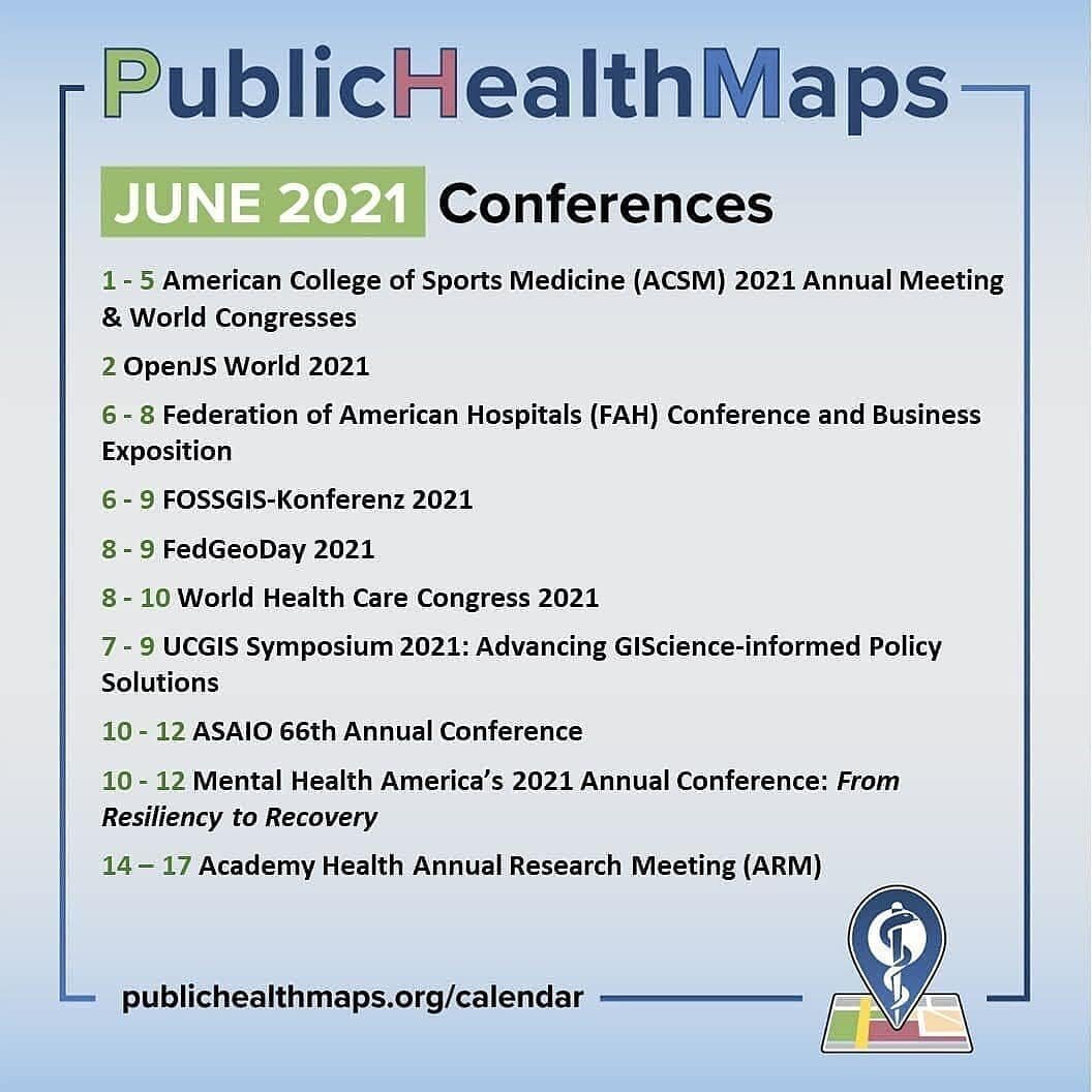 What's happening in #June? Check out our #PublicHealthMaps calendar of events for #June2021! LINK IN BIO or https://publichealthmaps.org/june-2021

CONFERENCES &amp; MEETINGS

1 - 5 American College of Sports Medicine (ACSM) 2021 Annual Meeting &amp;