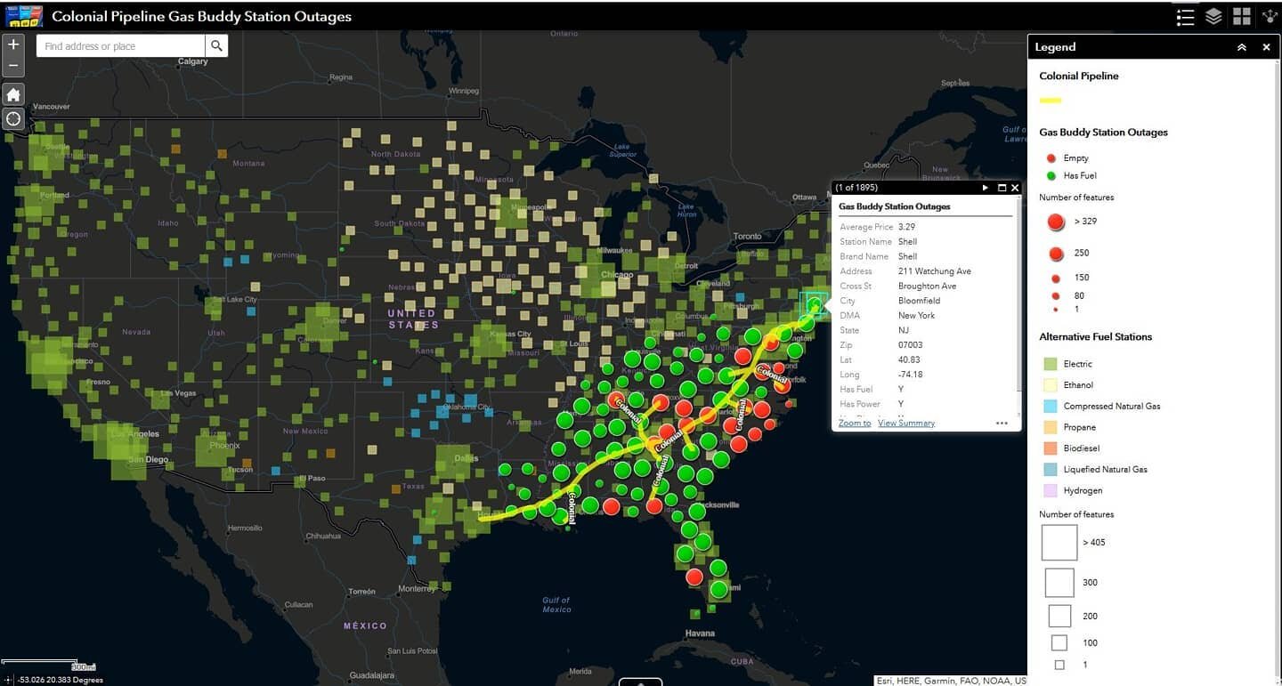 #MapOfTheWeek: COLONIAL PIPELINE @gasbuddy STATION OUTAGES MAP. Link in bio or https://publichealthmaps.org/motw-2021/2021/5/13/13-may-2021-colonial-pipeline-gas-buddy-station-outages-map

colonialpipeline @esrigram @ArcGISApps
#ColonialPipeline #Col