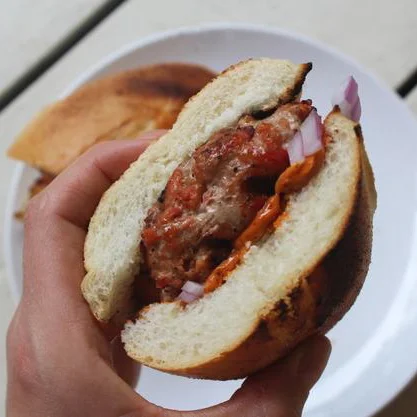 Pepper Turkey Burgers with a Smoked Harissa
