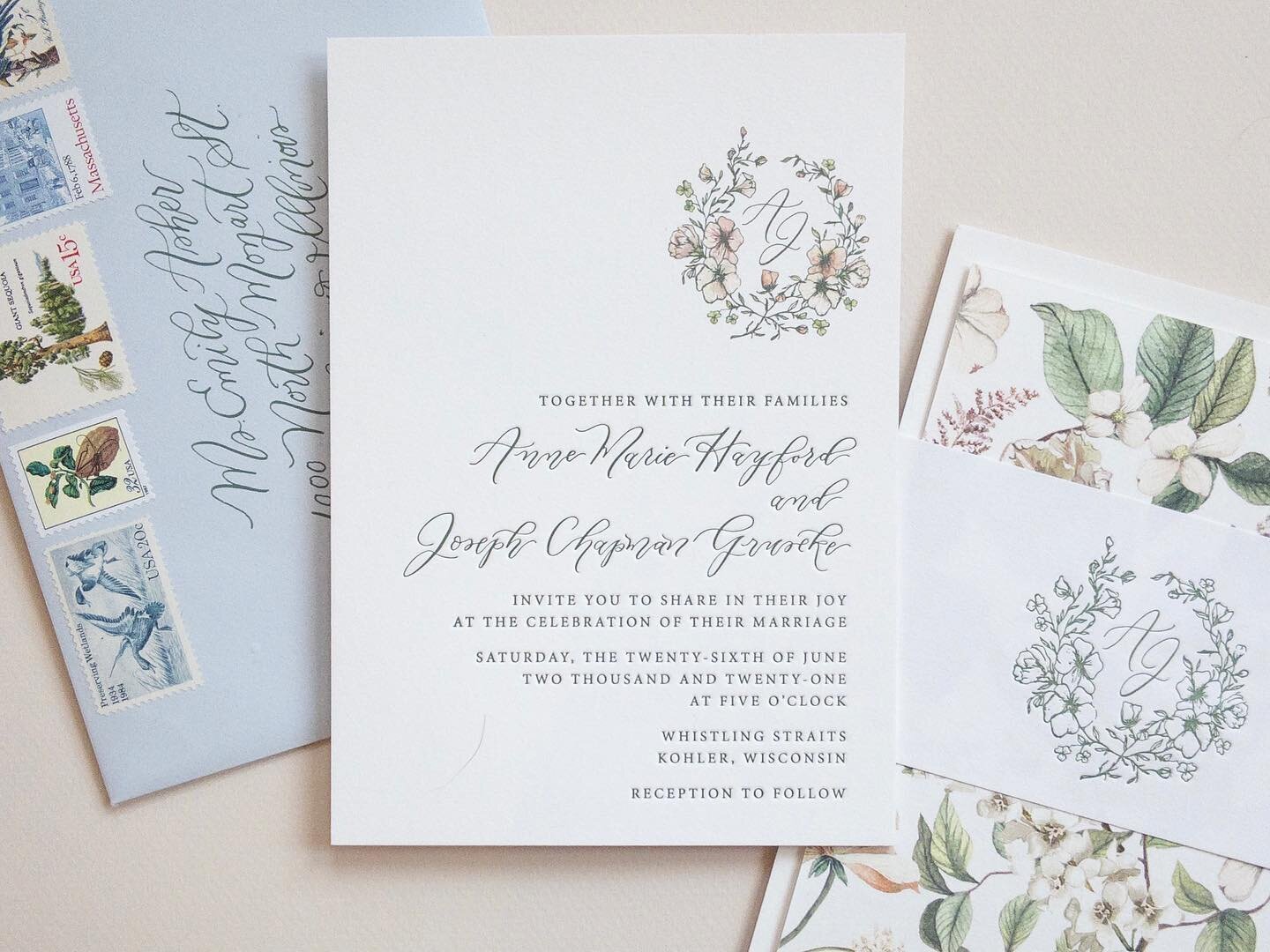 Annie and Joe&rsquo;s wedding at Whistling Straits in Kohler, Wisconsin with @esteraevents was nothing short of dreamy. With vintage stamps, letterpress, and floral illustrations inspired by @kellylenard, who could go wrong?! Can&rsquo;t wait to shar