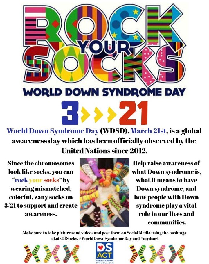Rock your socks for World Down Syndrome Day! Down syndrome happens when there is a 3rd copy of the 21st chromosome. Help raise awareness and acceptance by rocking your colorful, mismatched, fun socks. We'll go first! ➡🧦#rockyoursocks #WorldDownSyndr