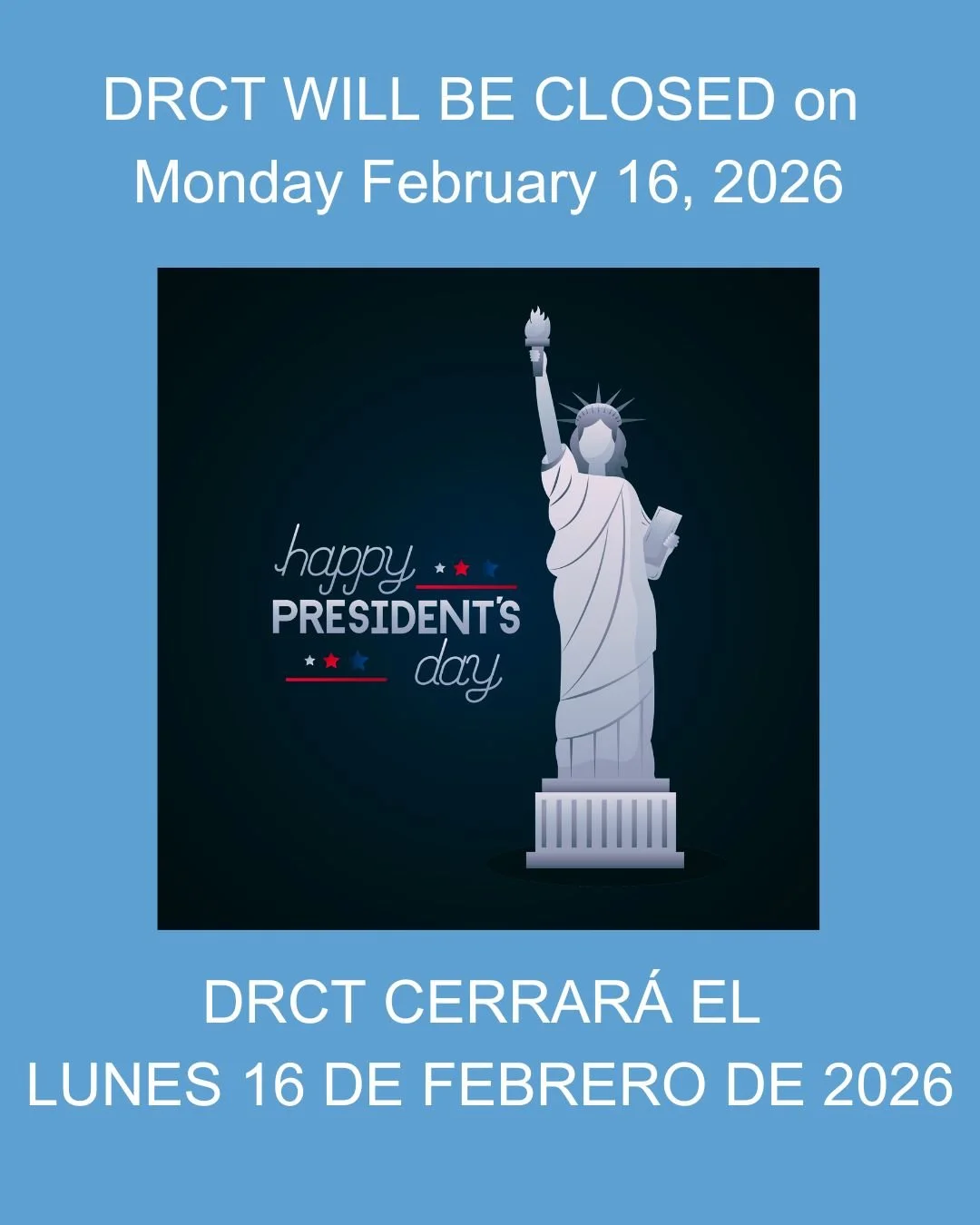 DRCT will be closed on Monday, February 16, 2026 in observance of President's Day. We will resume normal business hours on Tuesday, February 17.