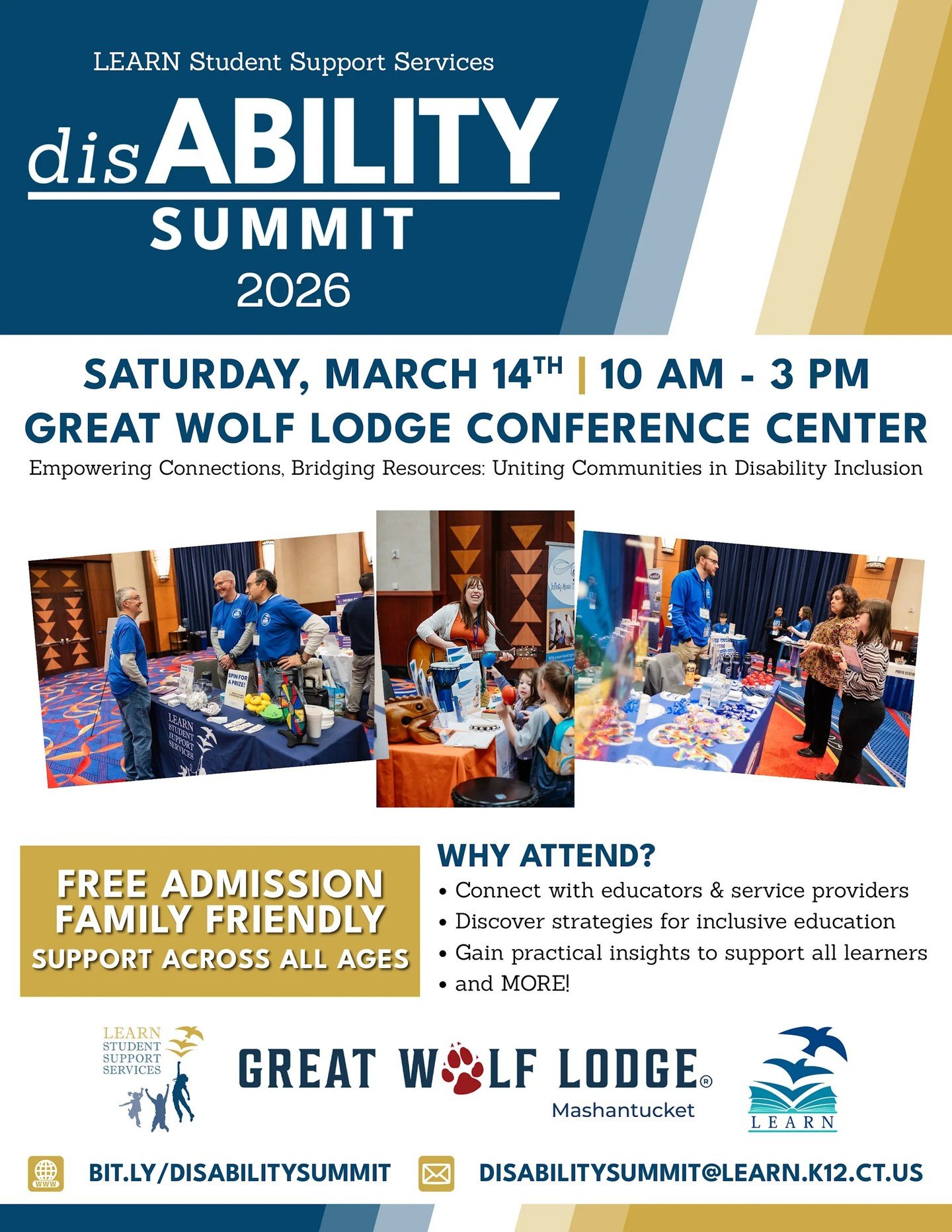 We hope to see you at the LEARN disAbility Summit this coming Saturday, March 14th from 10 am - 3 pm at the Great Wolf Lodge Conference Center in Mashantucket, CT. Come explore a wide range of exhibitors, local service providers, and helpful resource