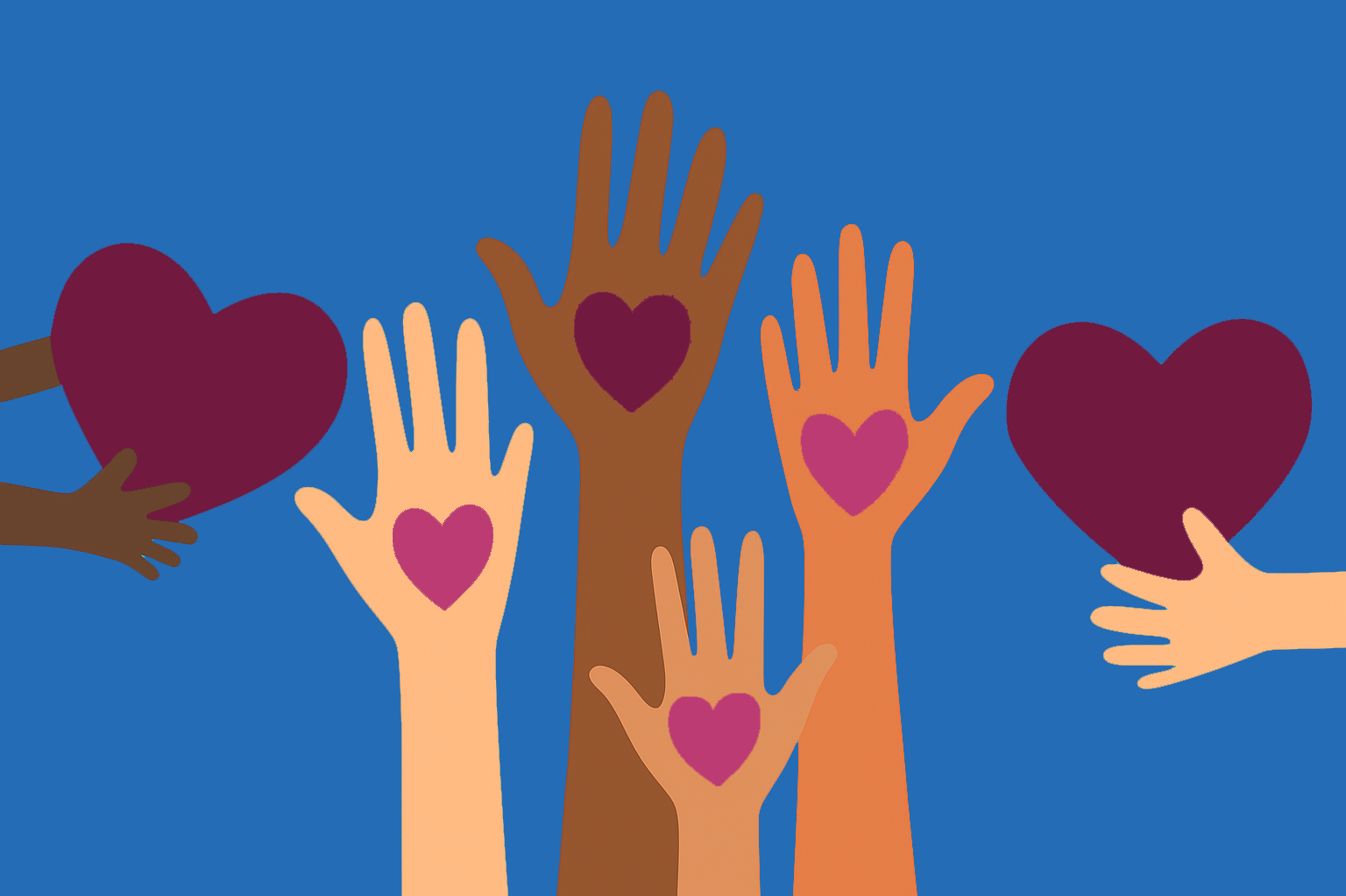 Colorful illustration of raised hands holding heart shapes, with large hearts at both sides on blue background.