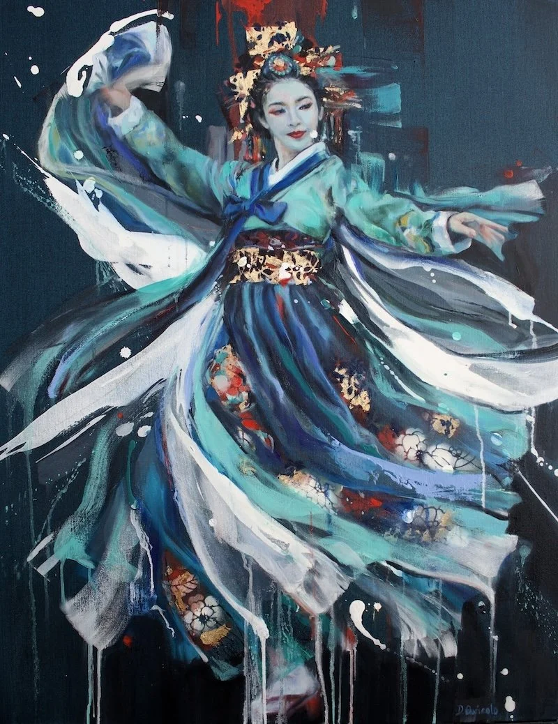 First Grace by Daniella Queirolo –Contemporary figurative oil painting portraying the grace and movement of a Korean dancer.
