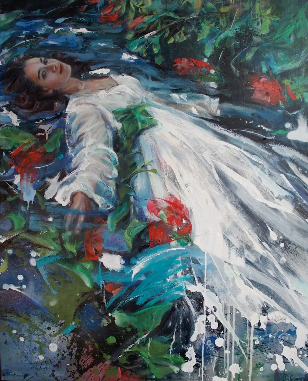 Ophelia | Contemporary Figurative Painting by Daniella Queirolo. Contemporary figurative painting inspired by Millais’ Ophelia, reinterpreted through a live model.