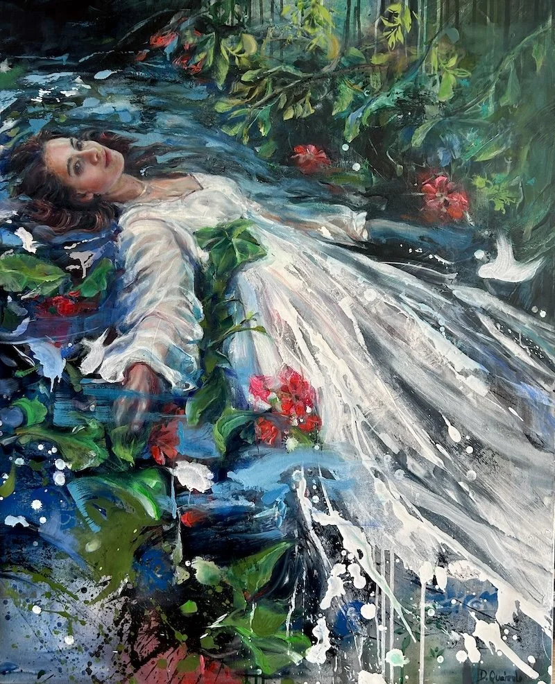 Ophelia by Daniella Queirolo – Contemporary figurative oil painting inspired by Shakespeare's Ophelia, reimagined in the gardens of the artist's Oxapampa studio through movement, nature, and contemporary painting.