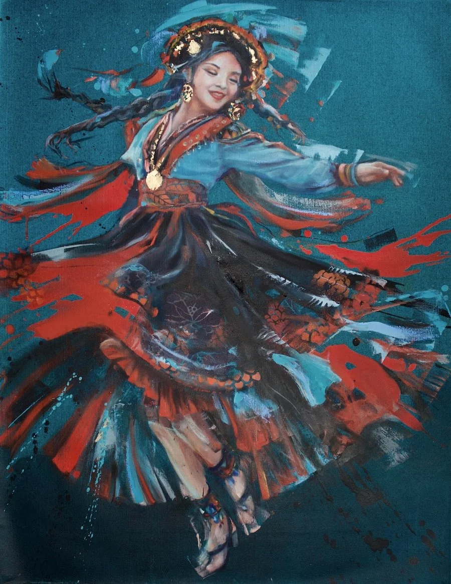 Second Grace by Daniella Queirolo – Contemporary figurative oil painting portraying the grace and movement of an Andean dancer. grace of an Andean dancer.