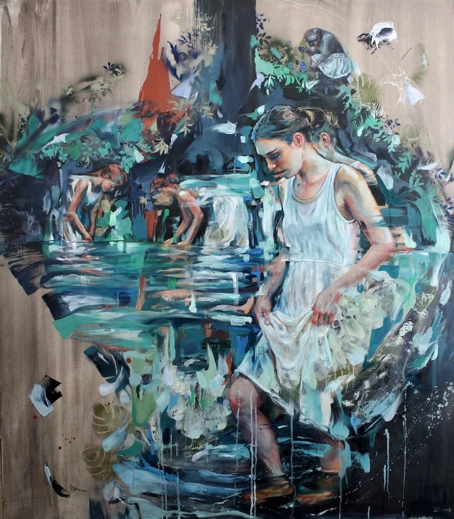 Bathers in a Stream by Daniella Queirolo – Contemporary figurative oil painting. Figures bathing in a woodland stream, inspired by Rembrandt and reimagined through movement, nature, and contemporary painting.