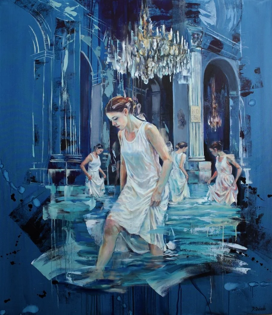 Chandelier Bather by Daniella Queirolo – Contemporary figurative oil painting. Bathers within European architecture reclaimed by nature, exploring movement and a contemporary dialogue with art history.