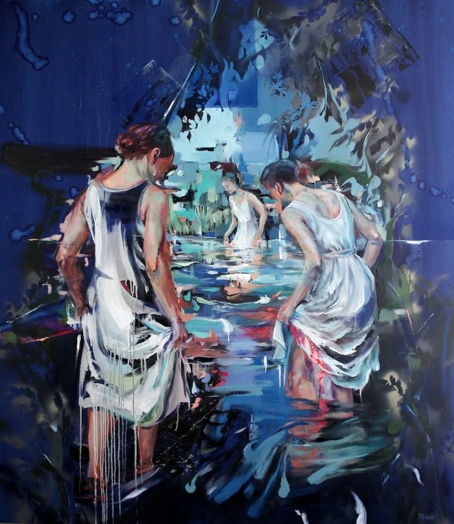 Circle of Bathers by Daniella Queirolo – Contemporary figurative oil painting. A circle of bathers immersed in nature, inspired by Rembrandt and reinterpreted through movement, light, and a dialogue with art history.