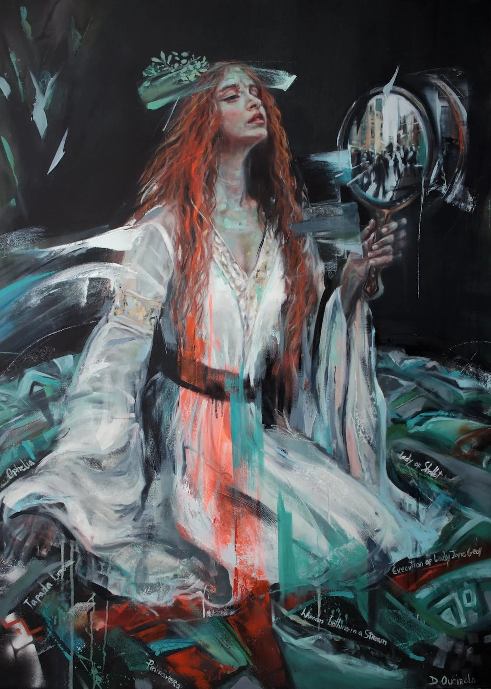 Refuge, 2026. Daniella Queirolo. Contemporary figurative painting inspired by John William Waterhouse’s The Lady of Shalott.