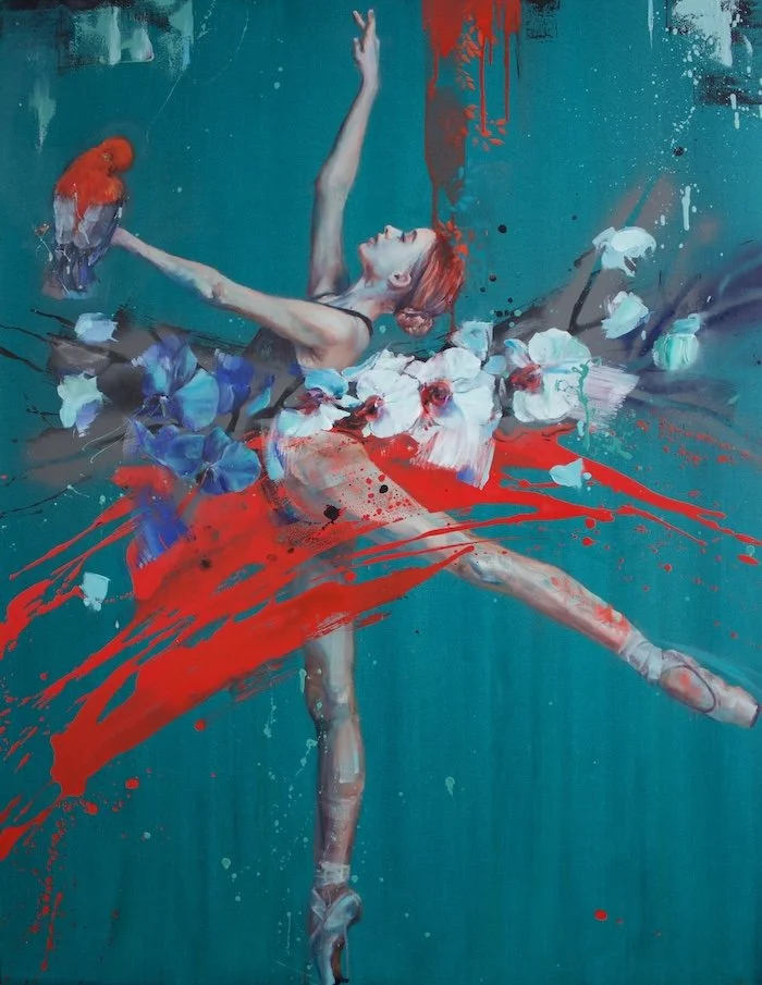 TINKU AND THE GIRL is an original painting by Daniella Queirolo featuring a dancer in bold tones alongside a vibrant red bird on a blue turquoise background - celebrating movement, color and the connection between art and nature.