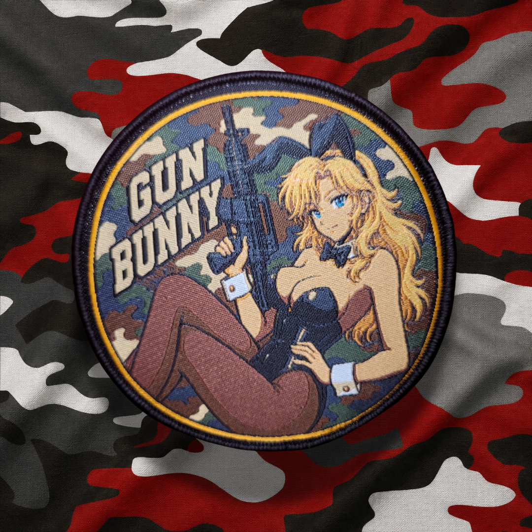 Retro 90s Gun Bunny, Playboy styled blonde girl anime pinup weeb airsoft morale patch