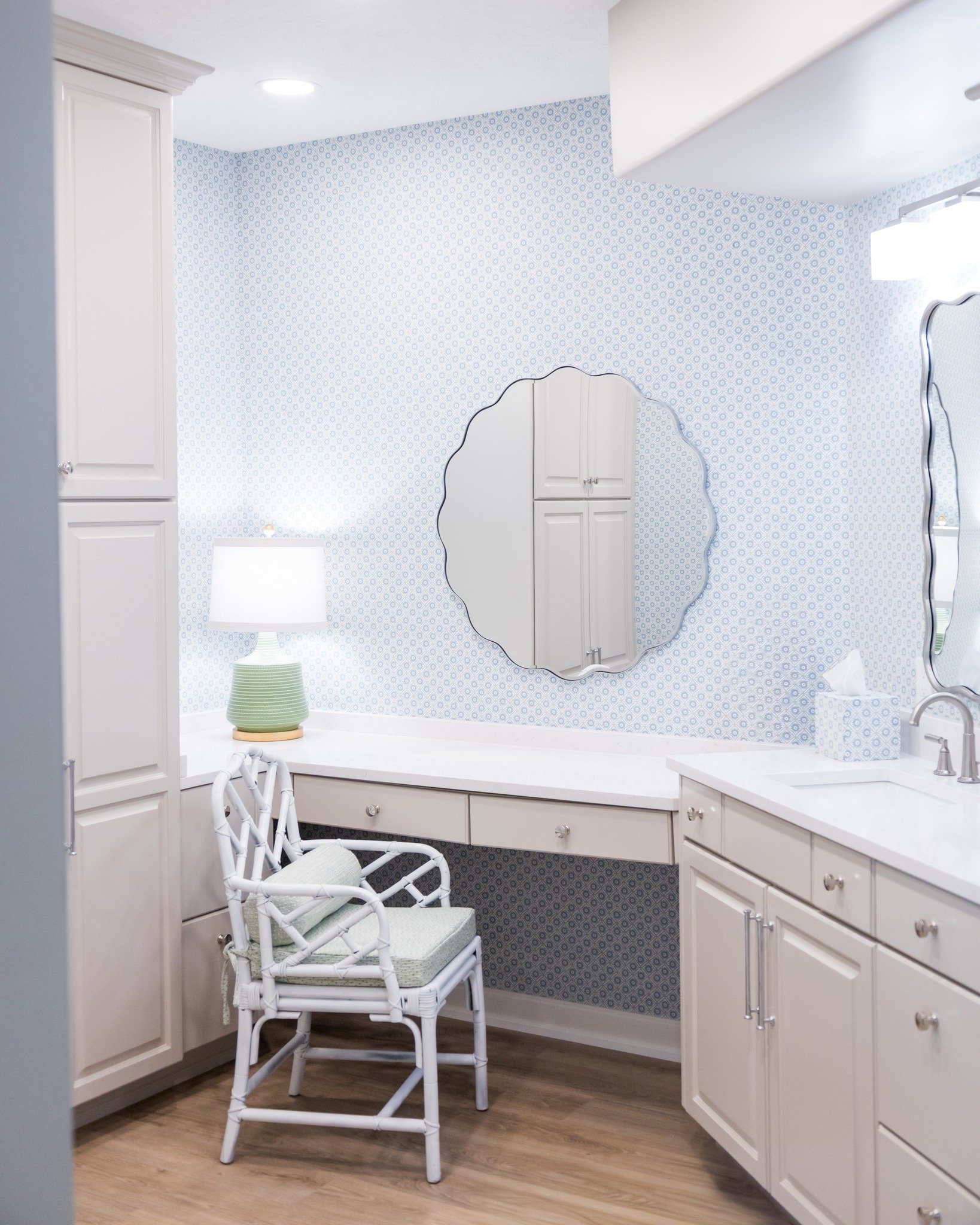 The getting-ready routine just got a serious upgrade. ✨ 

A built-in vanity, the prettiest blue wallpaper, and a scalloped mirror that stops you in your tracks, This is the space that makes mornings feel like a moment. We love designing spaces that a