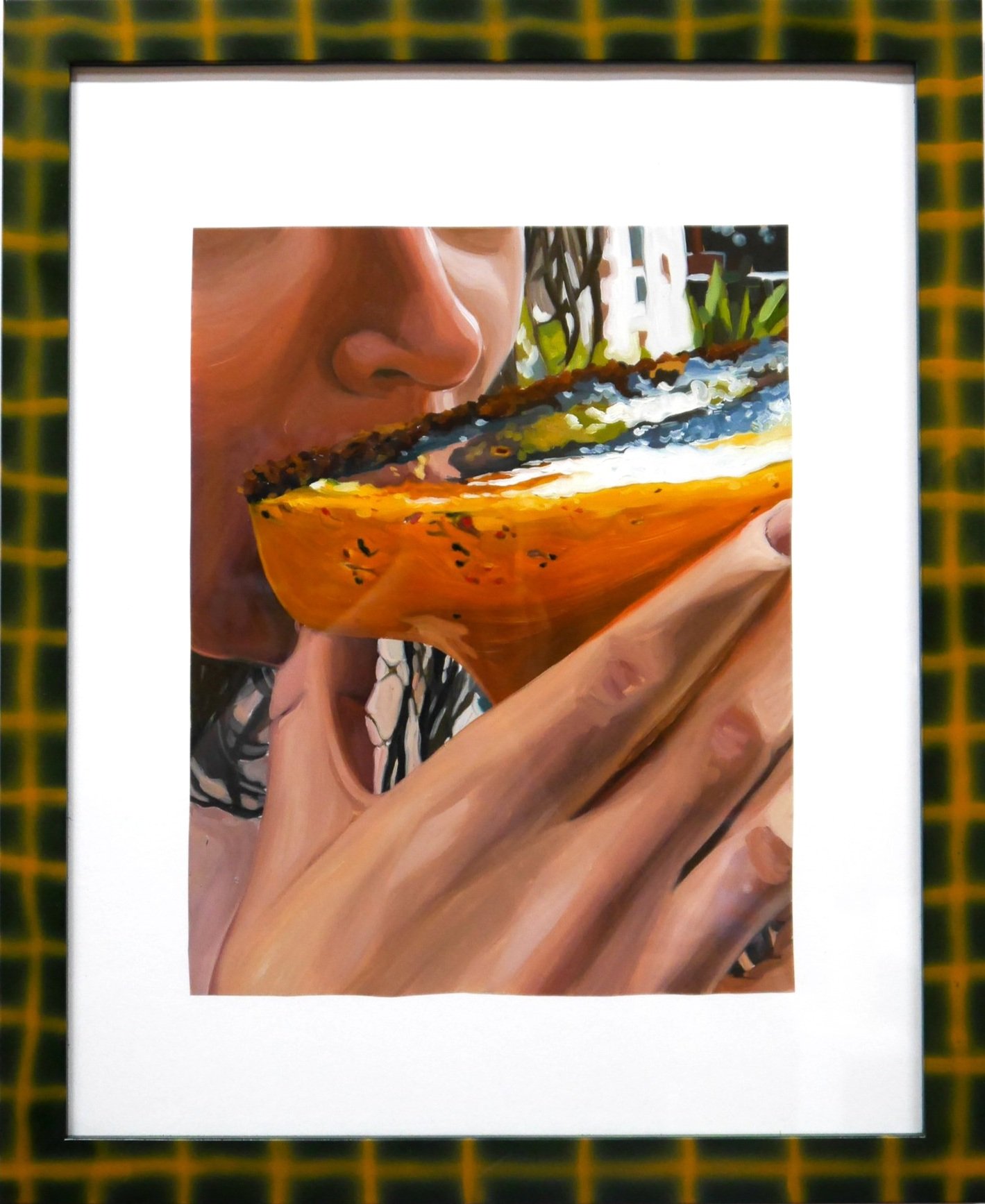  kristen drinking a margarita, oil on mylar, 16 x 12 inches (24 x 18 inches framed), 2020-22 