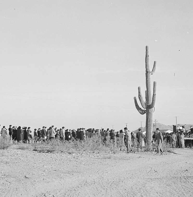 The original caption for this photograph reads: "Gila River Relocation Center, Rivers, Arizona. Sunrise Services (Christian) were held at this center Thanksgiving day."