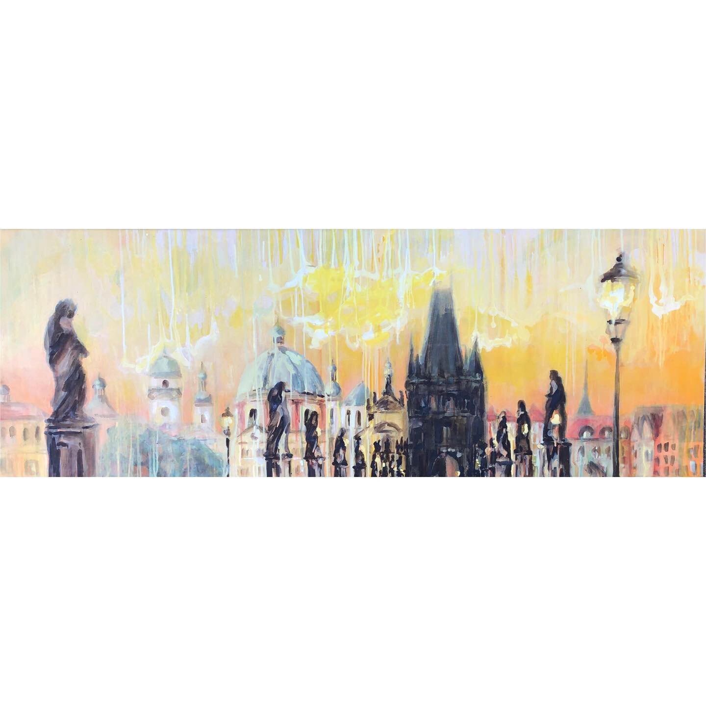 Can you recognize the city? It has many nicknames: the City of 100 spires, the Heart of Europe, the Mother of cities, the Golden City, the Rooftop of Europe. 
Here are some snapshots from my most recent painting of it.

50 x 140 cm, oil on canvas, pr